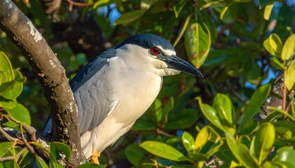 A black-crowned night heron perches attentively on a tree branch, showcasing its striking plumage and vibrant surroundings.