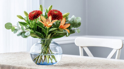 Elegant floral arrangement in glass vase on dining table for home decor or event centerpiece
