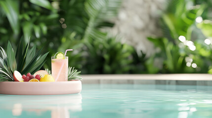 Tropical refreshment in backyard oasis with floating pool drink tray for summer relaxation