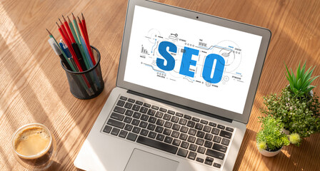 SEO search engine optimization for modish e-commerce and online retail business showing on computer...
