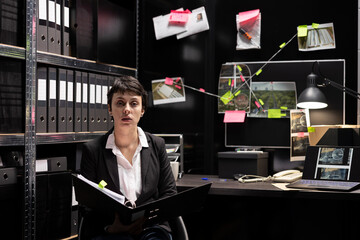 POV of female detective sharing insight on criminal case details via video call, discussing...
