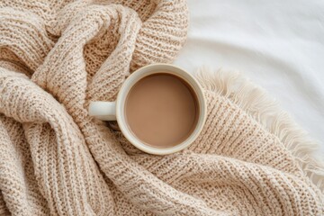 A light beige knitted blanket draped over a white bed, with a cup of light brown coffee or tea in the center