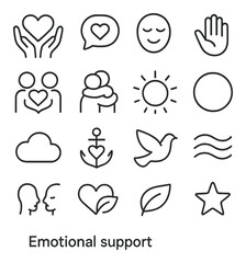 Naklejka premium Emotional support linear icon set. featuring hands holding heart, speech bubble, smiling face, open hand symbols