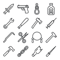 Danger and tools linear icon set. featuring knife, gun, rope, poison, wrench, bat, axe, syringe, crowbar, scissors, nunchucks.