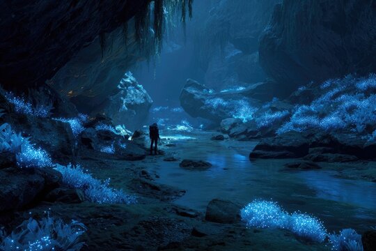 Dark cave interior, serene waterway, glowing crystals.  Silhouette figure stands by the water