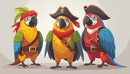 Three parrots in pirate costumes