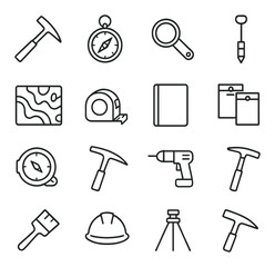 Fototapeta premium Construction tools linear icon set. featuring compass, magnifier, hammer, map, drill, hard hat, and level symbols