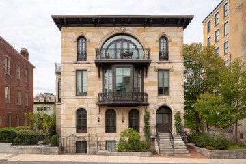 Fototapeta premium Stately residence showcasing elegant architecture in a historic urban neighborhood with a well-manicured garden and stylish balcony