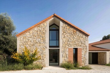 Modern stone house with large windows surrounded by greenery and a clear blue sky, showcasing contemporary architecture in a serene location