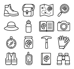 Camping and hiking linear icon set. featuring boots, backpack, map, magnifier, hat, bottle, book, camera, compass, jar, ice axe, gloves, vest, gps, journal, binoculars