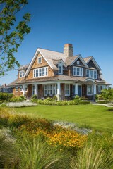 A stunning coastal residence nestled amidst a beautifully landscaped garden, basking in the warm sunlight of a tranquil and serene neighborhood