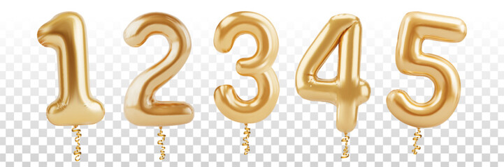 Vector realistic isolated golden balloon number 1, 2, 3, 4 and 5 on the transparent background. Concept of Happy Birthday, anniversary and jubilee.