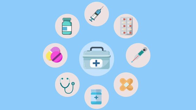 Medical kit with pills, syringes, stethoscope, and medicine icons arranged in a circle on blue background, perfect for health, hospital, or pharmacy explainer videos.