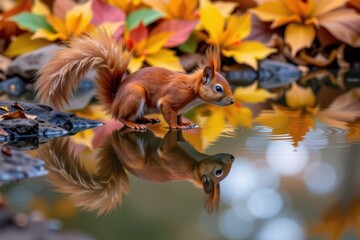Obraz premium A vibrant red squirrel pauses, its reflection mirrored perfectly in a still, clear pond. The autumn leaves create a colorful backdrop, water, forest