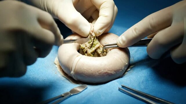 Surgical procedure gloved hands dissect a ring of tissue with instruments on blue surface