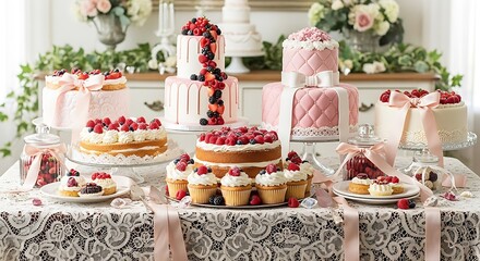 Naklejka premium Elegant display of cakes and cupcakes adorned with fresh raspberries