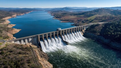 High-angle view of a massive concrete dam with water cascading through numerous spillways.  A reservoir stretches behind the dam.  Surrounding landscape features hills, trees, and dry land