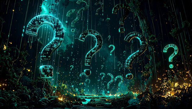 Glowing question marks float in an abstract, vibrant jungle, cascading with blue digital light