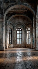 Fototapeta premium Old abandoned room with arched windows and wooden floor in an atmospheric urban setting