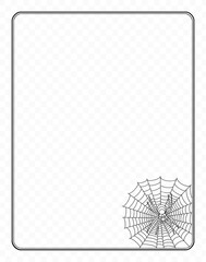 Square frame with a spider on a web on a transparent background. Suitable for cards, invitations, notepads, notebooks and posters. Vector illustration.