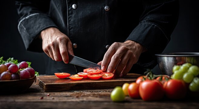 Chef's hands meticulously slicing cherry tomatoes on a wooden board, surrounded by fresh produce