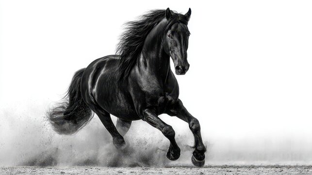 Majestic black horse galloping through sandy terrain under bright daylight showcasing its strength and grace - Powered by Adobe