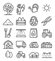 Farming and agriculture linear icon set. featuring farmer, sun, watering can, tractor, barn, and truck symbols
