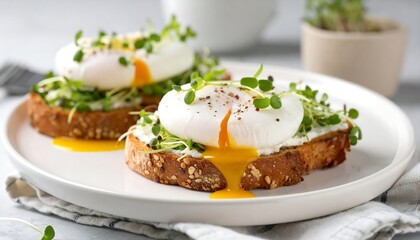 Poached eggs on toast with microgreens