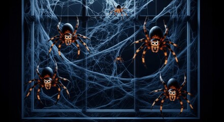 Cluster of Spiders and Webs Against a Dark Background in Pixel Art Style