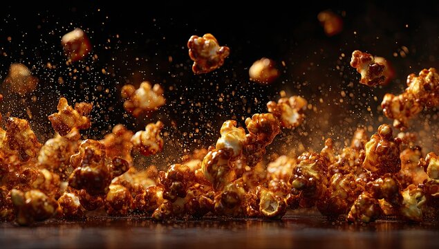 Caramel popcorn in mid-air, with splashes