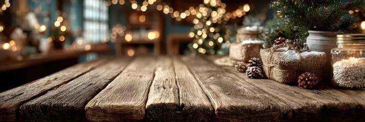 Holiday decorations on a rustic wooden table with warm ambient light and festive details