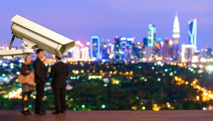 Security camera overlooking a city at night