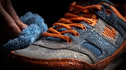 Cleaning a pair of sporty shoes with water droplets and a cloth in a cozy indoor setting during evening hours