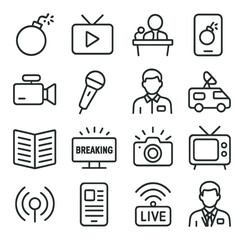 Broadcasting linear icon set. featuring tv, camera, microphone, news, satellite, and live symbols