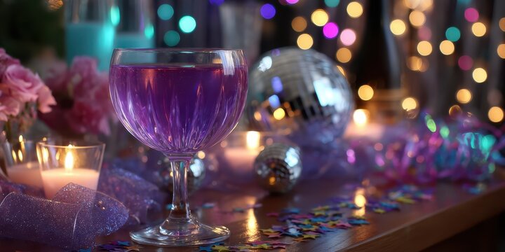 Vibrant celebration with colorful drink and festive decorations at a lively gathering after sunset