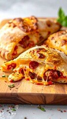 Delicious, cheesy calzones on a wooden board