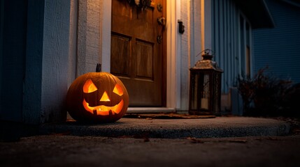 Fototapeta premium Spooky carved pumpkin glows with warm light on a porch at dusk, inviting trick-or-treaters for a festive Halloween night celebration.