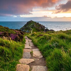 Coastal path leading to a lighthouse at sunset. Lush vegetation flanks a stone pathway