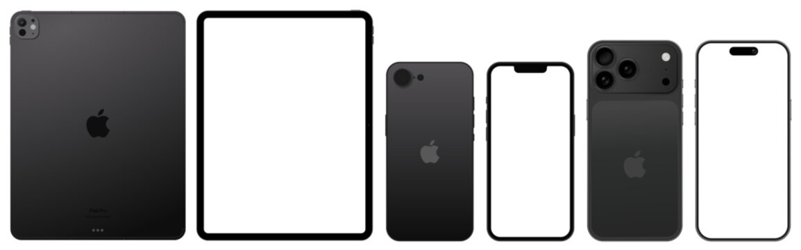 iPad Pro Screen Frame Mockup Template with Apple iPhone 17 Pro, iPhone 16 Smartphone and Tablet Device Isolated on Transparent Background