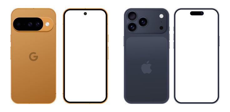 iPhone 17 Pro Max and Google Pixel 10 Smartphone Mockup. Mobile Phone Screen Design Comparison | Transparent Background Premium Device