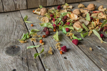Dried delicious delicacies. Dry pieces snack on a wooden background