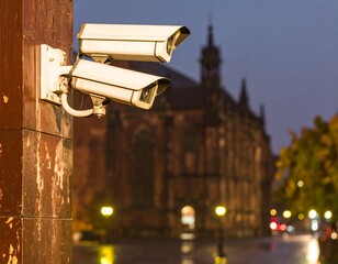 Security cameras on a city post at night