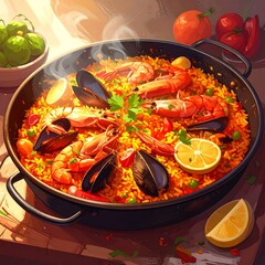 Delicious paella in a pan