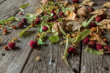 Dried delicious delicacies. Dry pieces snack on a wooden background