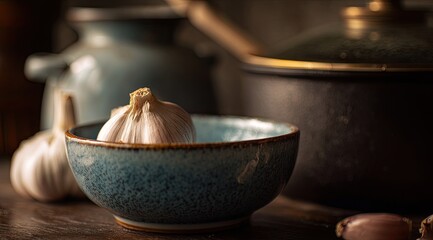 A single head of garlic rests in a small, teal-colored bowl, amidst other culinary objects.  Muted lighting highlights the garlic, emphasizing its texture and form.  Rustic wooden table setting