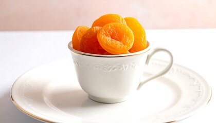 A small, white porcelain teacup, adorned with decorative patterns, holds a generous helping of dried apricots.