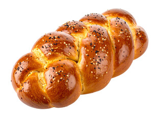 A fresh-baked braided bread loaf, isolated on a white background.