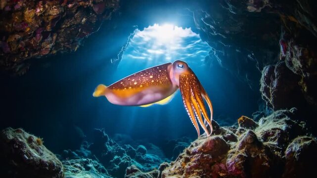 Majestic Cuttlefish Swimming Through Underwater Cave, Sunbeams