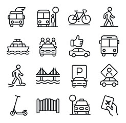 Transportation linear icon set. featuring bus, bicycle, walking, ship, carpool, and parking symbols