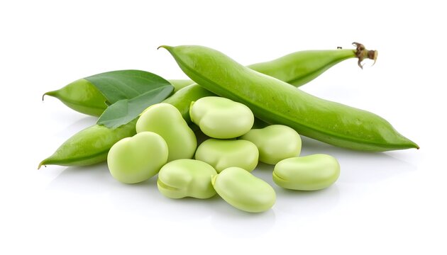 Fresh green broad beans on white background